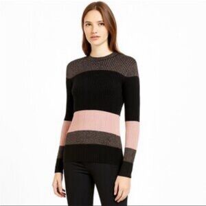 Whistles Striped Ribbed Knit Crew Sweater, US 4, Color-block black pink shimmer
